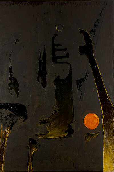 A jumbled mass of both mechanical and anthropomorphic forms rise in front of a deep brown, mystical background. The forms are painted in shades of black and glowing yellow. An orange orb floats near the bottom right of the composition, and another, smaller, yellow circular form is located near the top, just right of center.