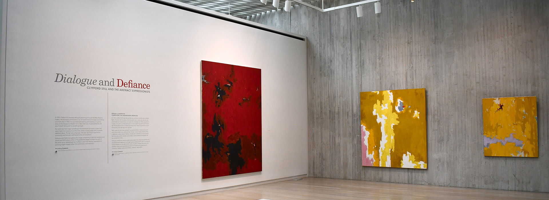 Empty gallery with red and yellow paintings and a bench