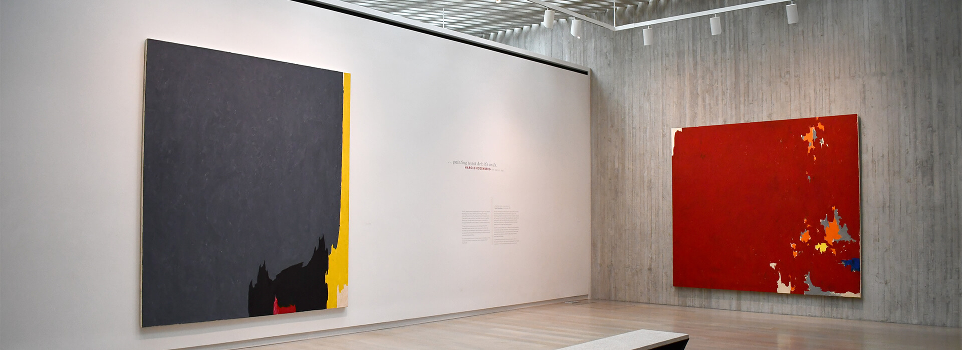 Installation image of two large abstract artworks in a gallery