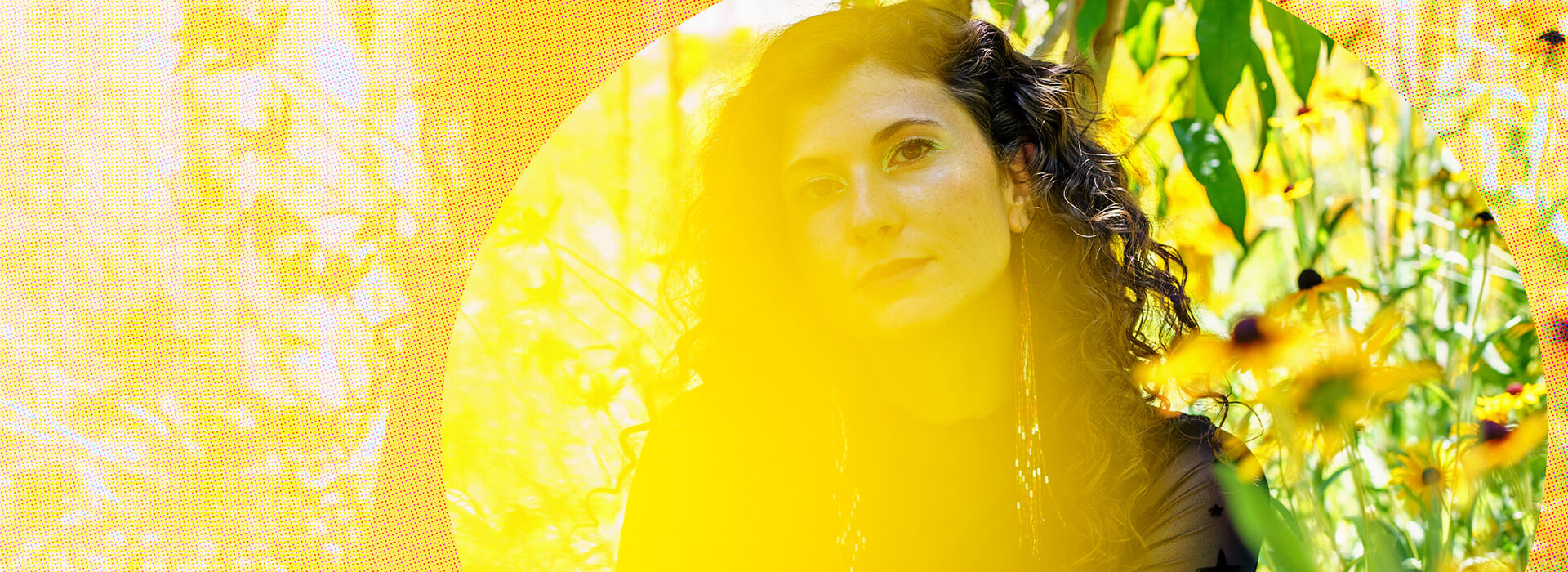A photo of a woman with a circular yellow design over it