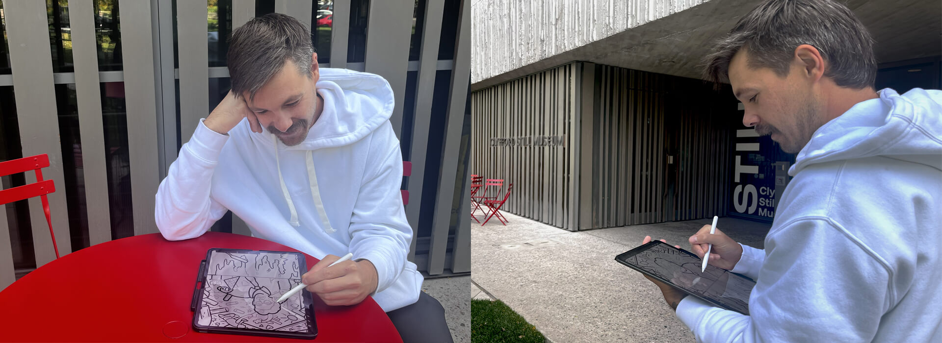 Artist Joe Palec illustrates on a tablet outside the Still