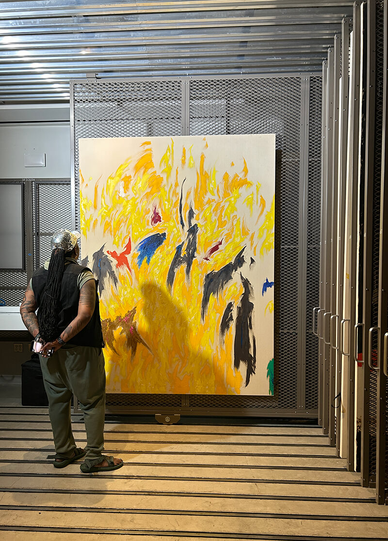 Matana Roberts in painting storage