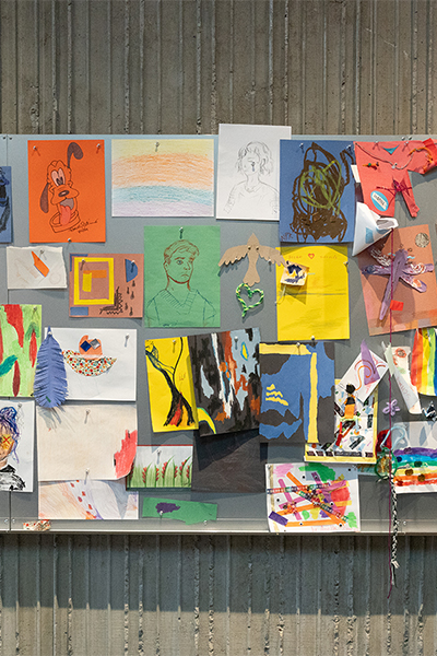 Collage of drawings on a board