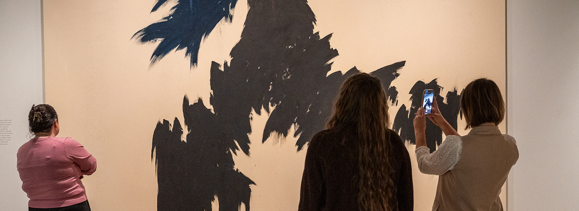 Three women look at a large abstract painting while one takes a photo with her phone