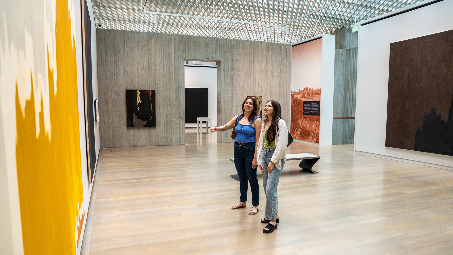 Two women look at two paintings on the wall