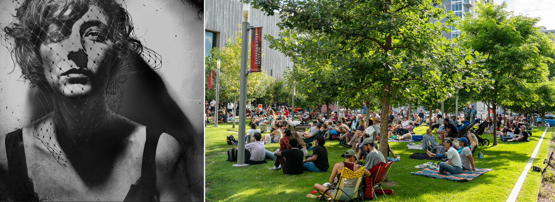 Black and white photo of a woman and a color photo of a lawn concert
