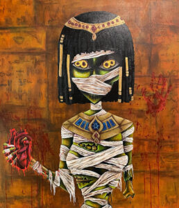 A painting of a mummy holding a heart