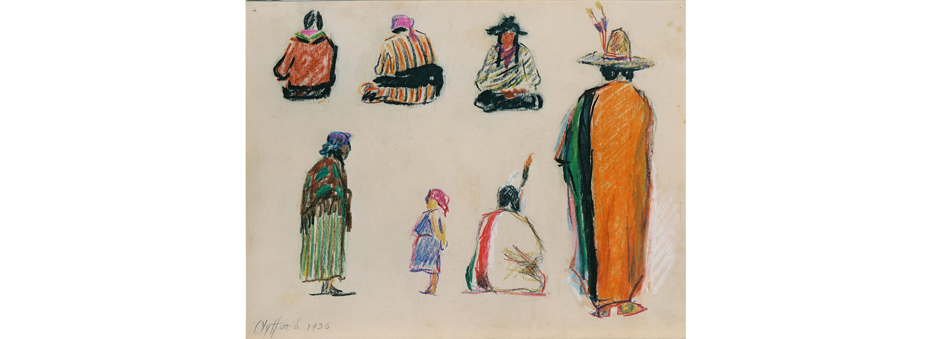 Study of 7 Native Americans dressed in colorful clothing from the 1930s