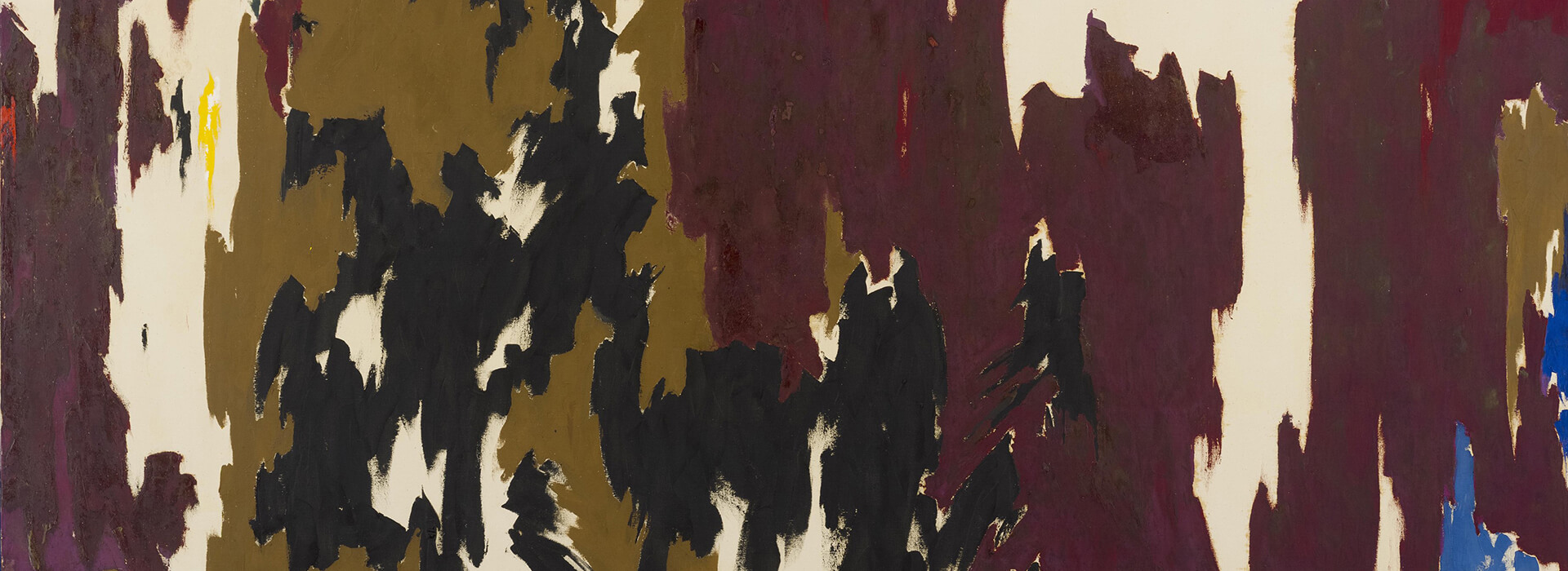 Abstract painting with brown, ochre, black, yellow, tan, red, and blue