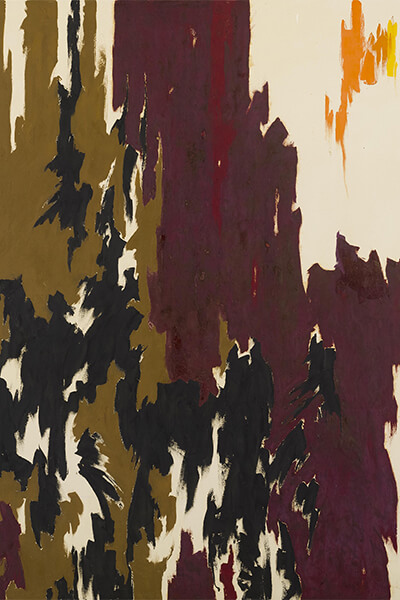 Abstract painting with brown, ochre, black, yellow, tan, red, and blue