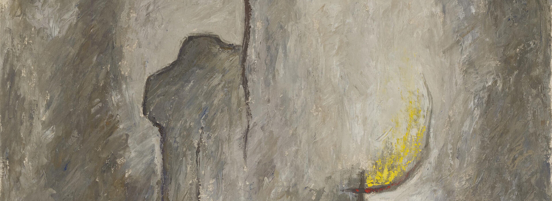 In this relatively monochromatic painting, a figure is alluded to through snaking and broken outlines painted amidst a mottled grey-brown field of color. The figure's head, shoulder, arm, hand, and torso can be distinguished. The only saturated hue found in this composition is found in the suggestion of a golden-yellow disc near what would be the figure's proper left shoulder if he looks out towards the viewer. The disc merges and fades into both the figure itself as well as the atmosphere around him.