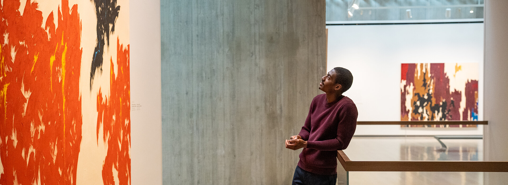 A man leans against a railing and looks at a painting
