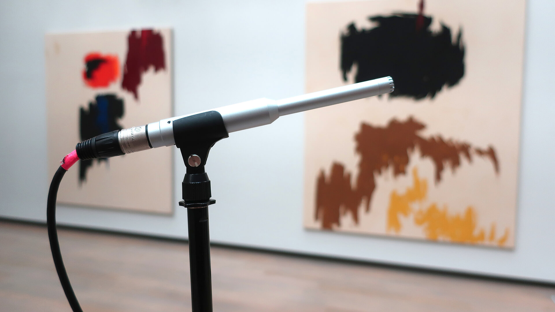 Microphone in front of Clyfford Still's paintings
