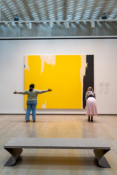 Two people look at a large abstract yellow painting. One stretches their arms out wide, the other leans in to look closer.