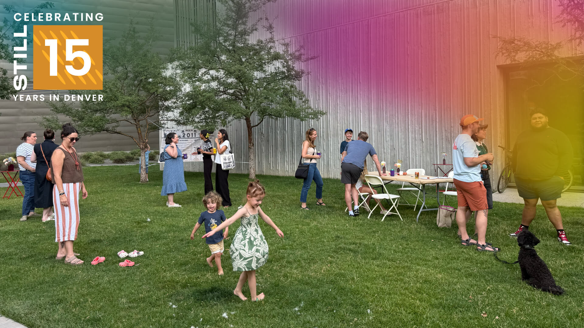 Stylized image of people at a party outside the Clyfford Still Museum